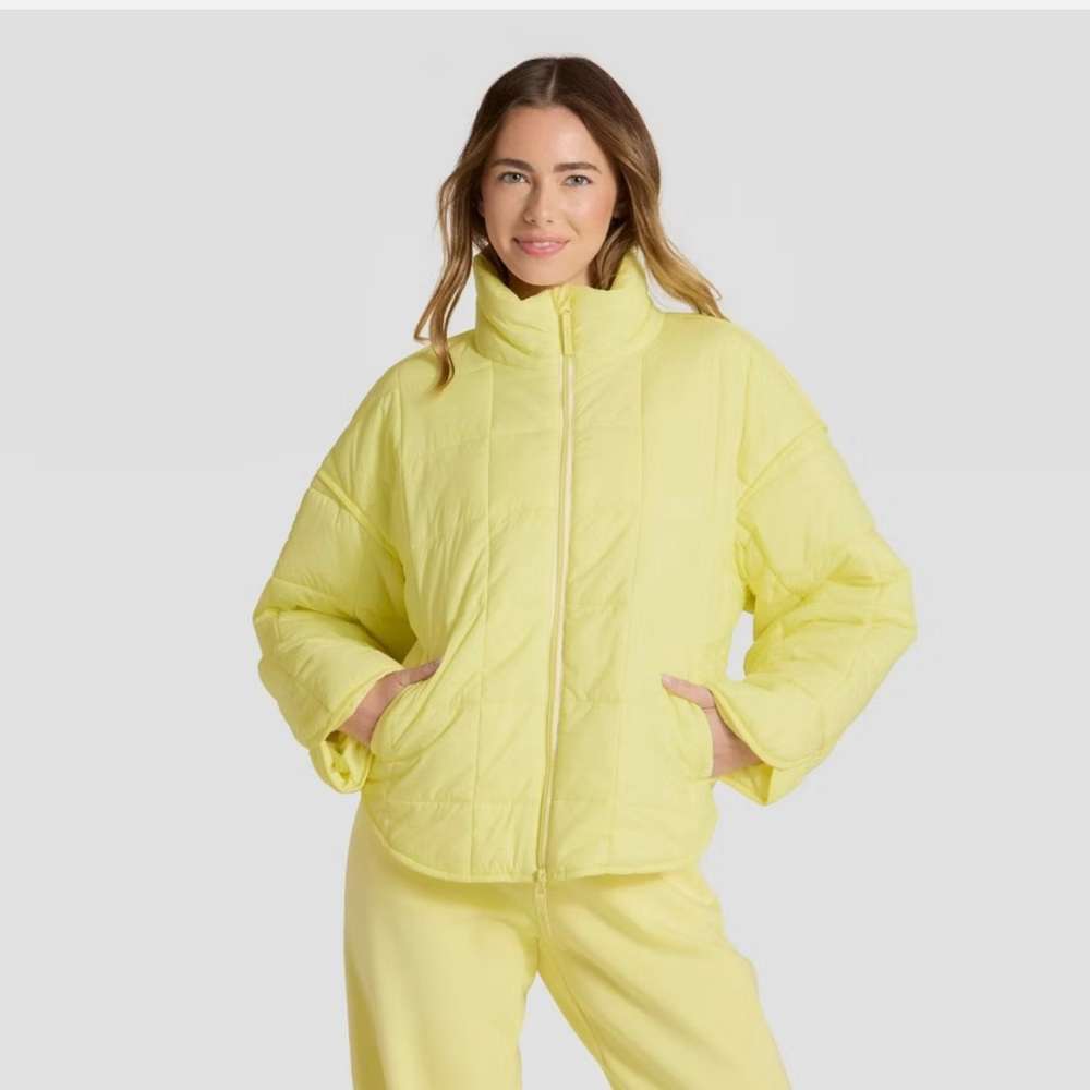 Joylab Womens Quilted Oversized Puffer Jacket XXS Yellow Full‎ Zip Boxy